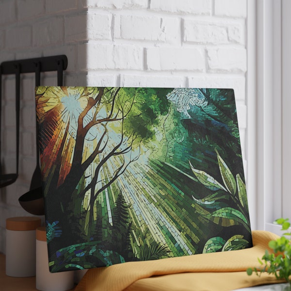 It's a New Day in the Forest Glass Cutting Board. An earth toned abstract mosaic of a lush forest scene viewed from beneath a tree canopy.