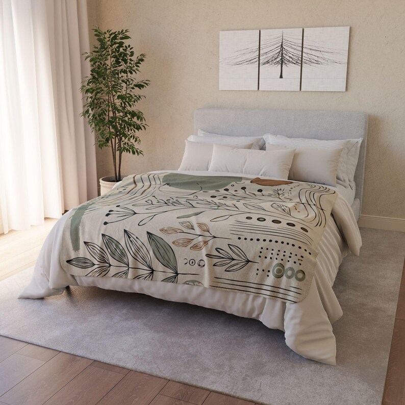 Minimalistic Boho Fleece Sherpa Blanket. Featuring sketched leaves and abstract shapes in sage green, terracotta, and cream. 2 sizes.