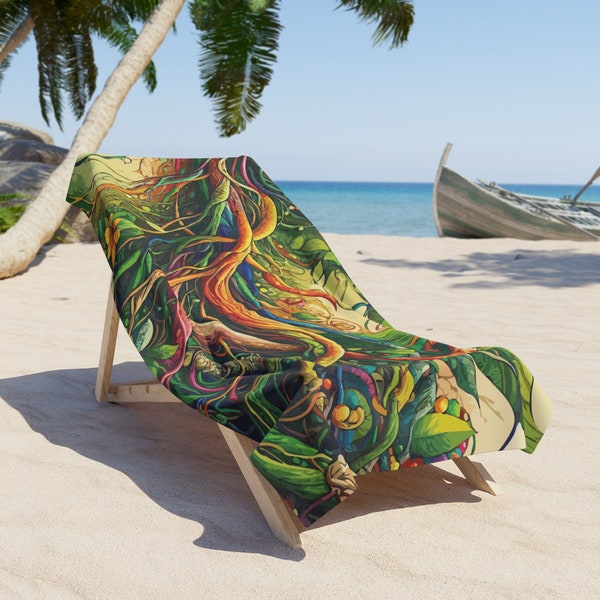 Magical Roots & Vines Beach Towel. A lush, vibrant, colorful design filled with twisting vines, magical roots and whimsical flora. 2 sizes.