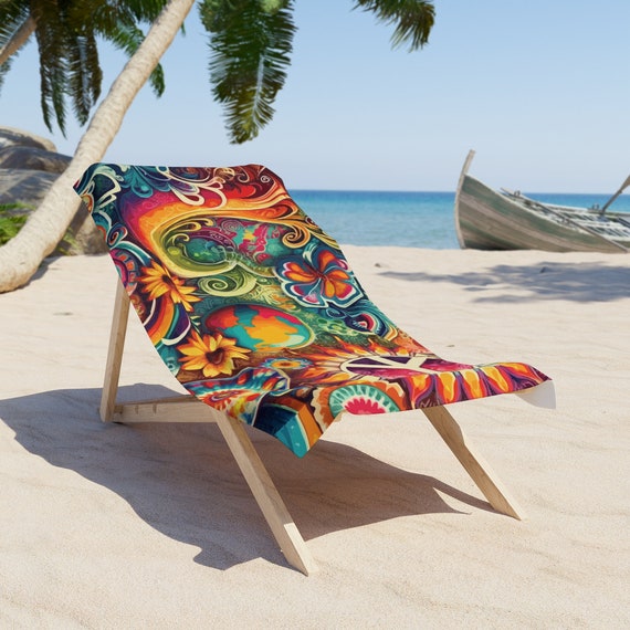 Retro Vibes & Peace Beach Towel. Embrace the Summer of Love and