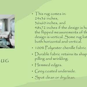 May include: Area rug with a tropical leaf design in green and blue colors. The rug is available in three sizes: 24x36 inches, 36x60 inches, and 48x72 inches. The rug is made of 100% polyester chenille fabric and has a grey coated underside. It is spot clean or dry clean only.