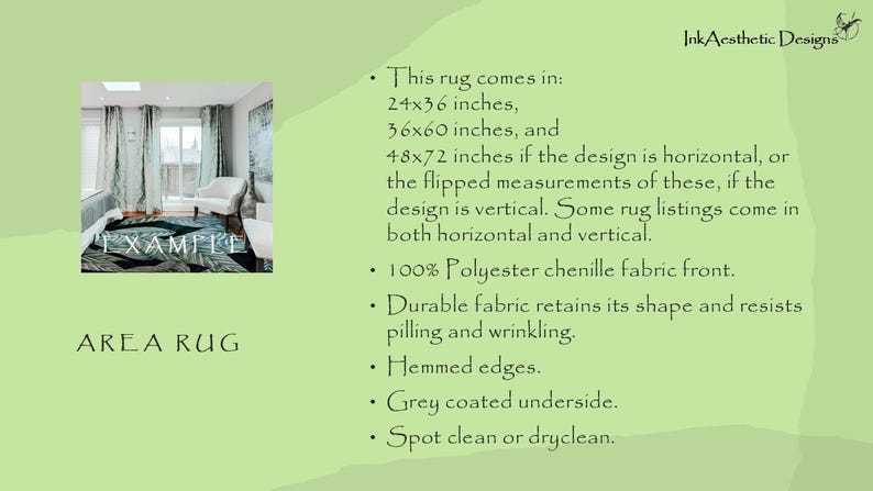 May include: Area rug with a tropical leaf design in green and blue colors. The rug is available in three sizes: 24x36 inches, 36x60 inches, and 48x72 inches. The rug is made of 100% polyester chenille fabric and has a grey coated underside. It is spot clean or dry clean only.