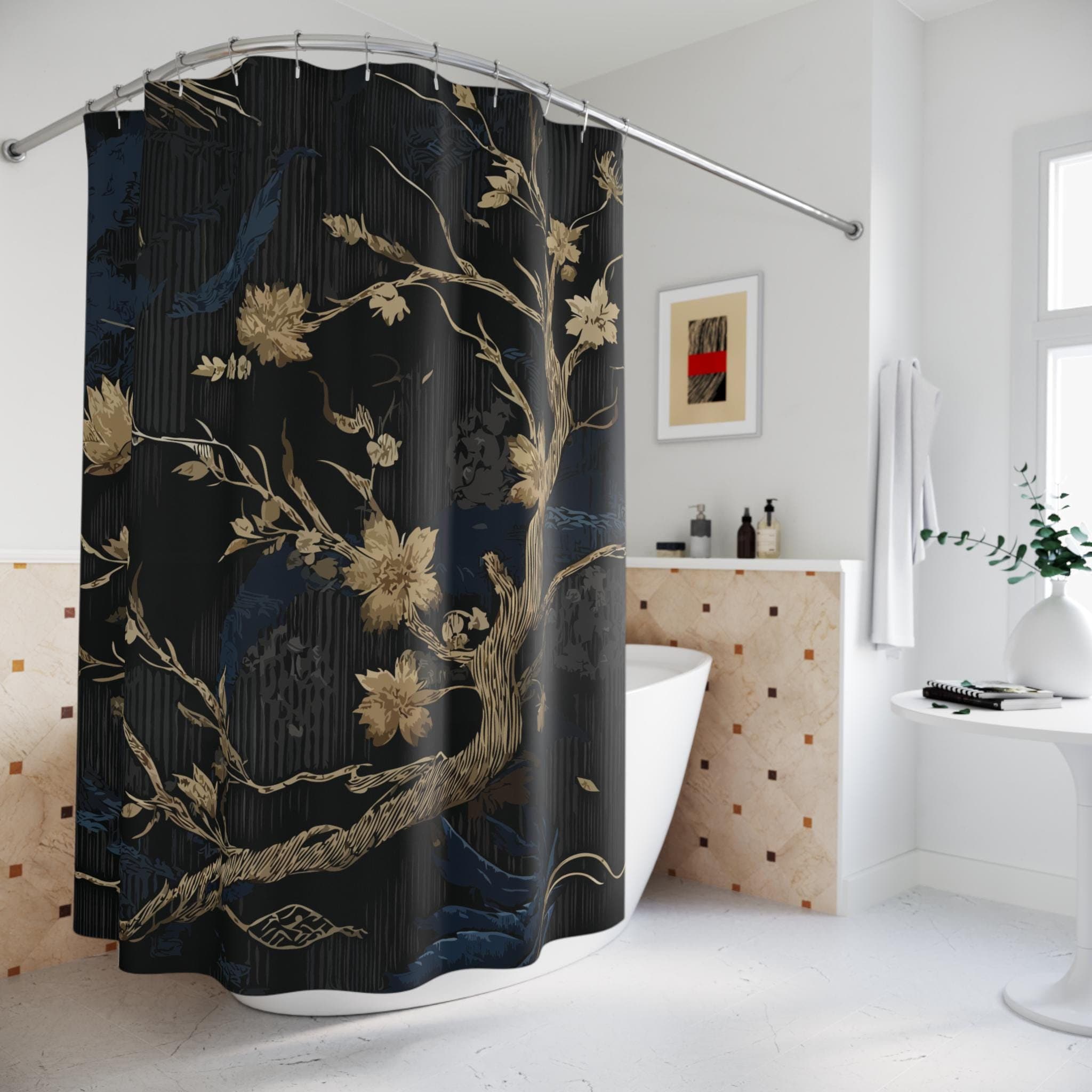Golden Branch on Blue and Black Cloth Shower Curtain. This curtain…