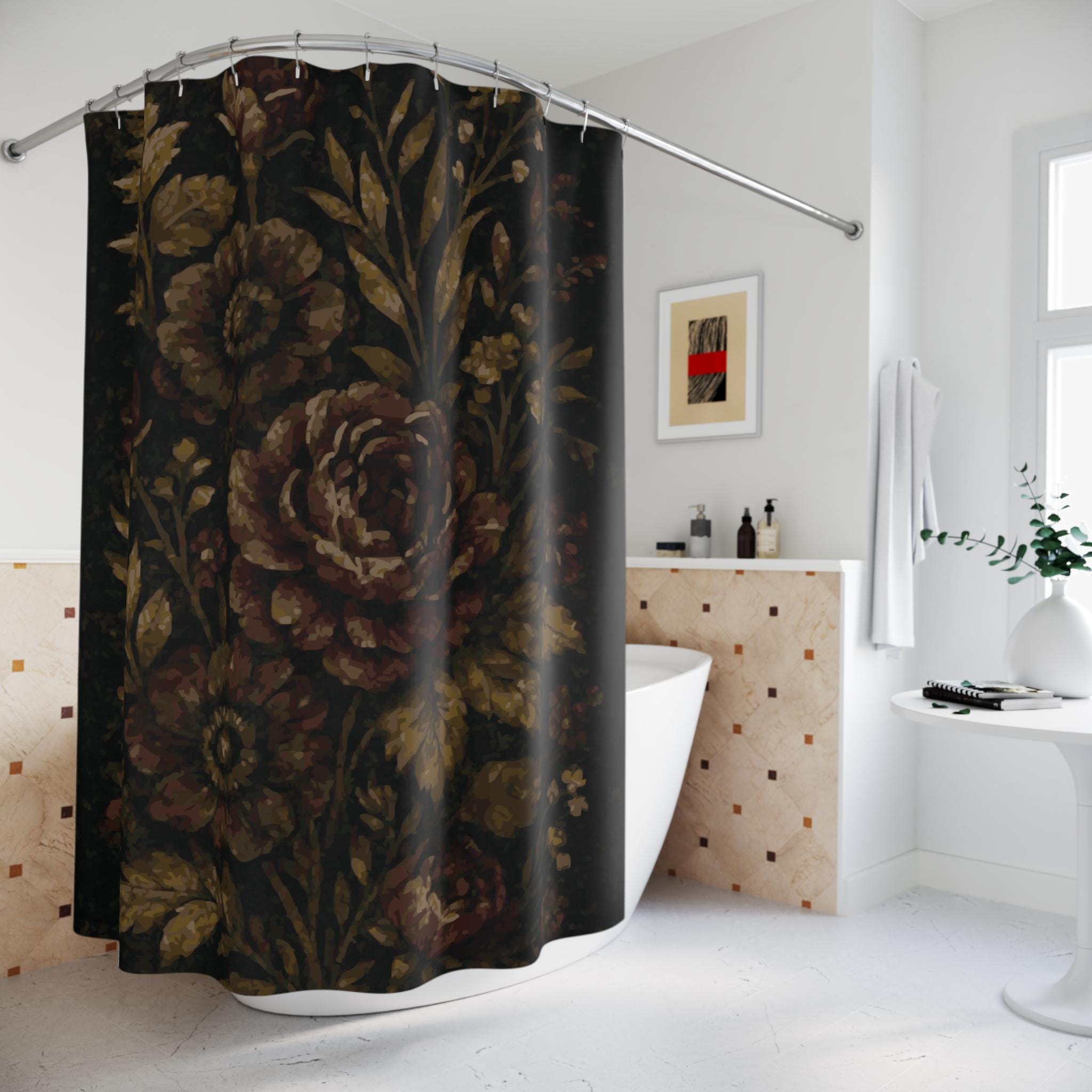 Moody Vintage Style Floral Cloth Shower Curtain. Charcoal provides a moody backdrop for florals in burgundy, ochre, olive and muted gold.