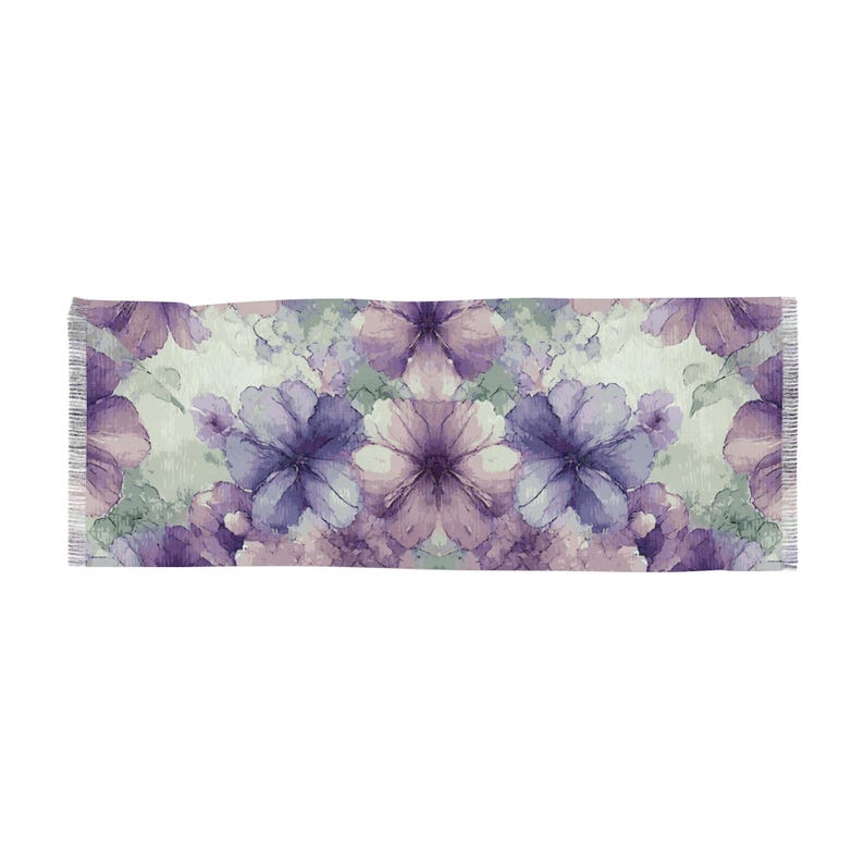 Watercolor Violet Scarf. Featuring an elegant watercolor design with soft ethereal flowers in shades of violet, lavender and subtle greens.