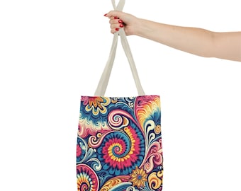 Psychedelic Paisley Tote Bag. This tote bag features a vibrant and colorful design inspired by psychedelic and paisley patterns. 3 sizes.
