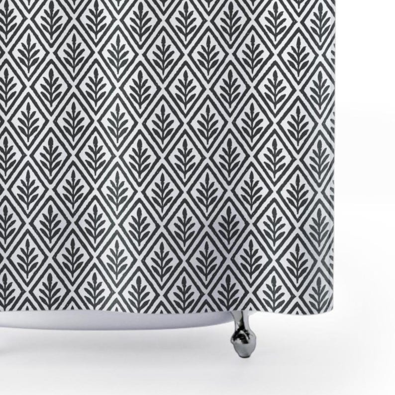 Charcoal Botanical Diamond Shower Curtain. A distressed repeating pattern of diamond shapes, each framing a sketched botanical sprig.