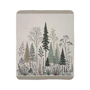 Rustic Woodland Fleece Sherpa Blanket. Featuring  sketched line art of pine trees, delicate ferns, and various woodland plants. 2 sizes.