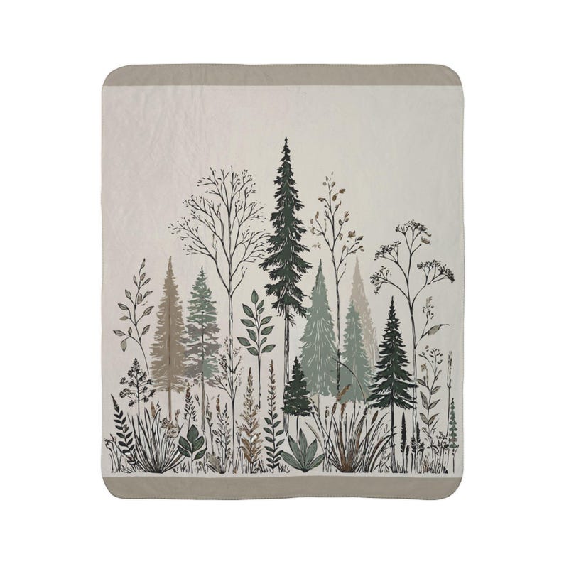 Rustic Woodland Fleece Sherpa Blanket. Featuring  sketched line art of pine trees, delicate ferns, and various woodland plants. 2 sizes.