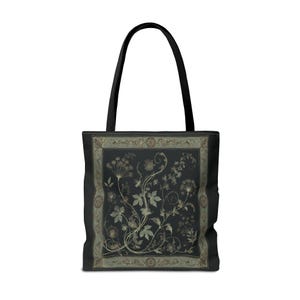 Vintage Inspired Botanical Tote Bag. A tapestry-inspired border frames olive green wildflowers and vines on black. 3 sizes, 2 strap colors.