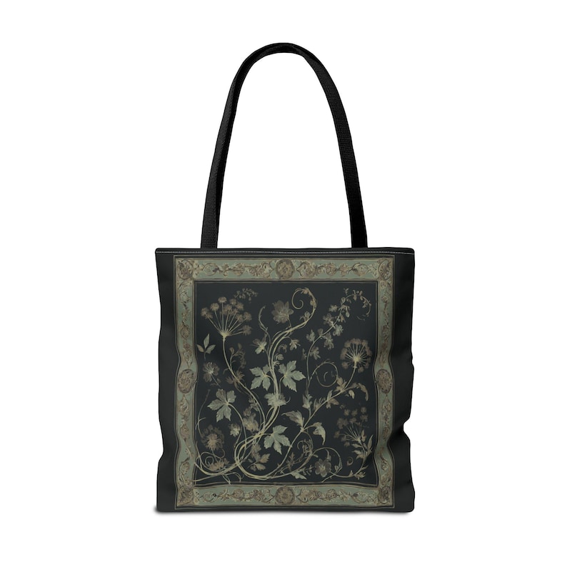 Vintage Inspired Botanical Tote Bag. A tapestry-inspired border frames olive green wildflowers and vines on black. 3 sizes, 2 strap colors.