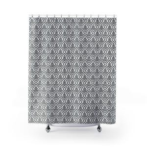 Charcoal Botanical Diamond Shower Curtain. A distressed repeating pattern of diamond shapes, each framing a sketched botanical sprig.