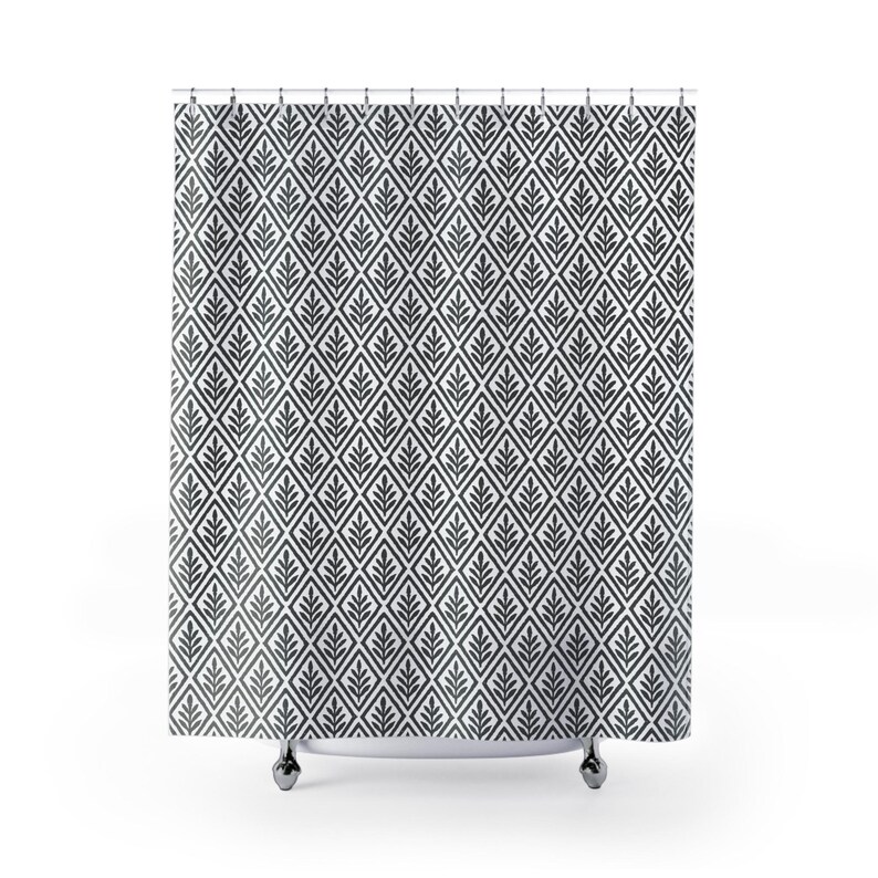 Charcoal Botanical Diamond Shower Curtain. A distressed repeating pattern of diamond shapes, each framing a sketched botanical sprig.