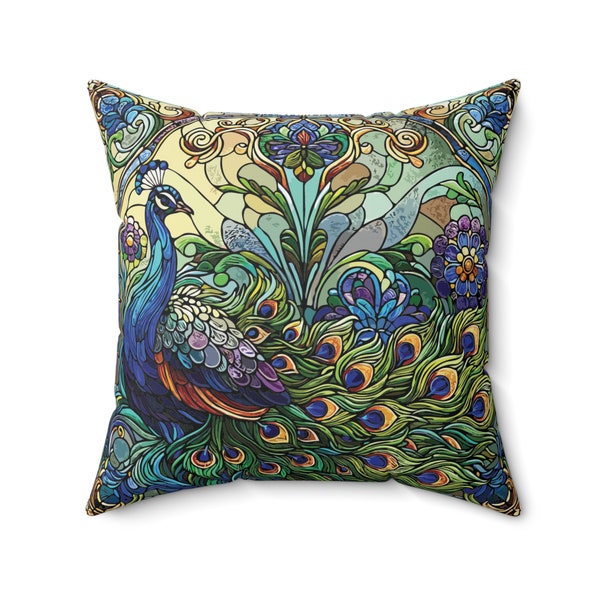 Majestic Peacock Pillow. A beautiful regal peacock and rich colors, reminiscent of stained glass in the Art Nouveau era. 4 sizes.