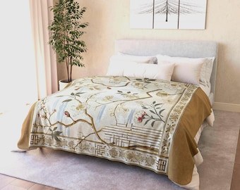 Vintage Chinoiserie-Inspired Fleece Sherpa Blanket. Designed to evoke the charm of an antique tapestry of gold branches. 2 sizes.