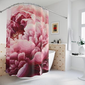 Pink Peony Cloth Shower Curtain. Featuring a close-up design of a vibrant, blossoming peony in shades of soft pink, blush, and deep rose.