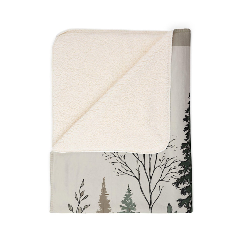 Rustic Woodland Fleece Sherpa Blanket. Featuring  sketched line art of pine trees, delicate ferns, and various woodland plants. 2 sizes.