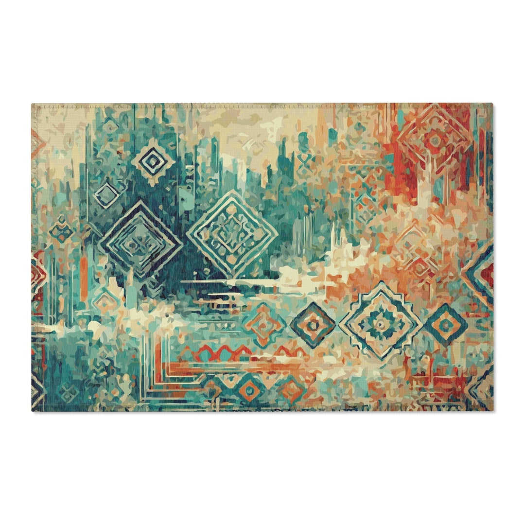 Rusty Orange and Teal Earthy Stylized Area Rug. Featuring Geometric ...
