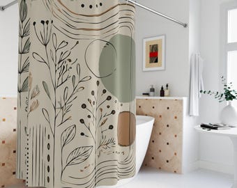 Minimalistischer Boho Stoff Duschvorhang. Mit Pflanzen, Linien und Formen in gedämpftem Salbeigrün, weicher Terrakotta und cremigem Beige.