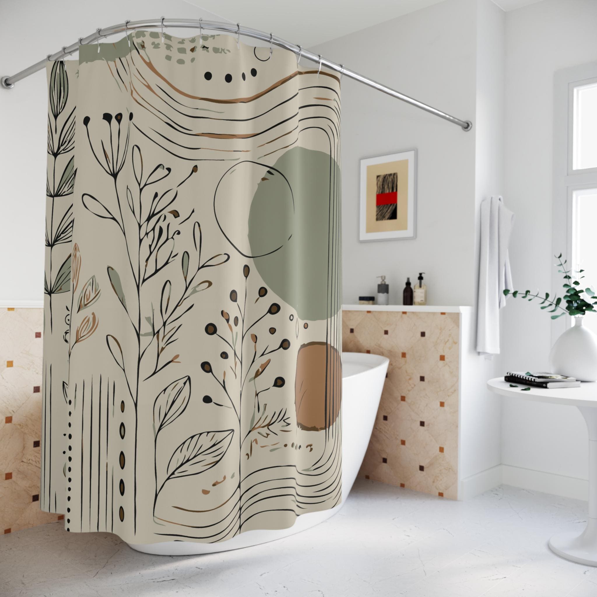 Minimalistischer Boho Stoff Duschvorhang. Mit Pflanzen, Linien und Formen in gedämpftem Salbeigrün, weicher Terrakotta und cremigem Beige.