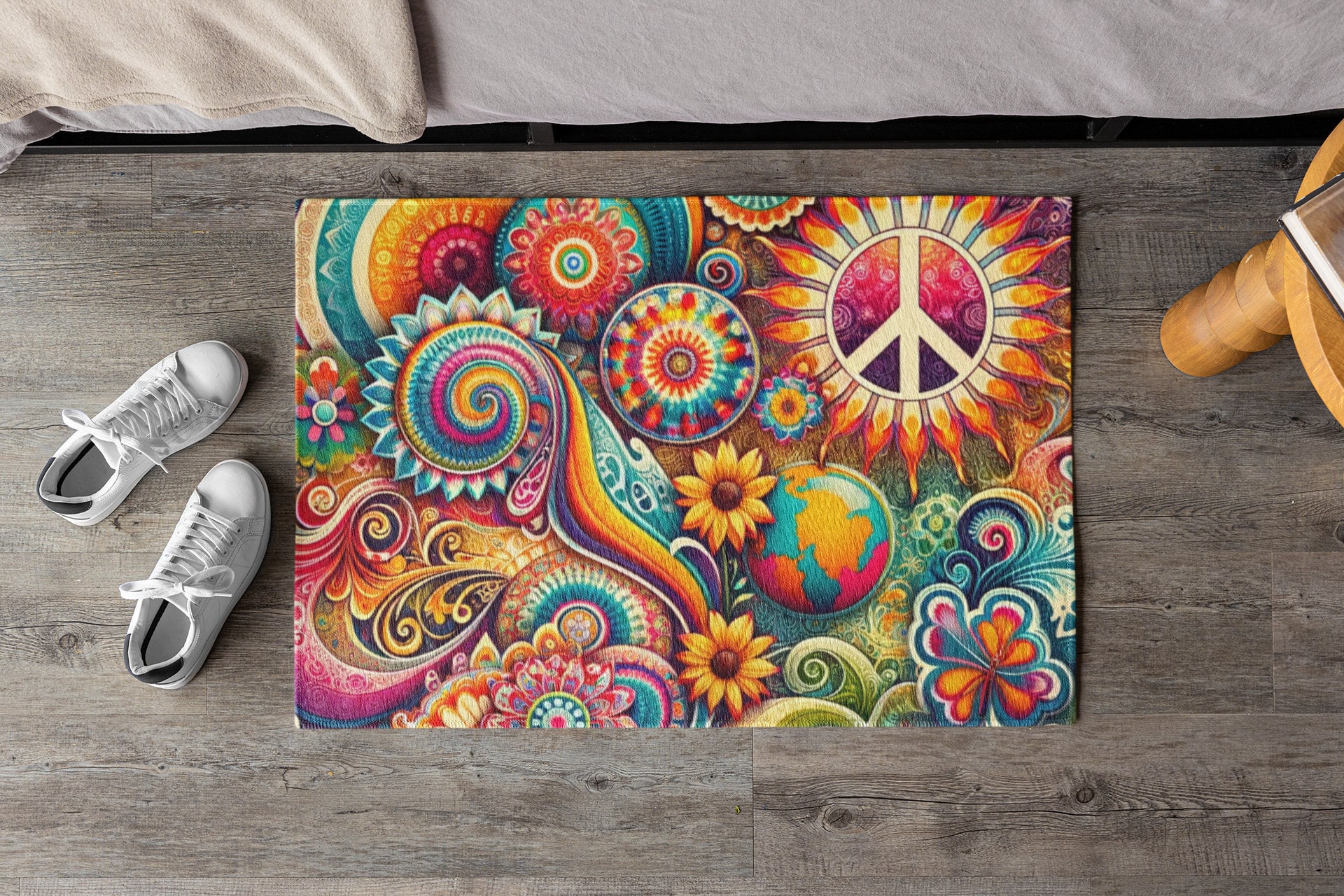 Vector Hippy Rug Groovy Vibes Rug. Psychedelic Rug Reminiscent of the 60s or 70s ...