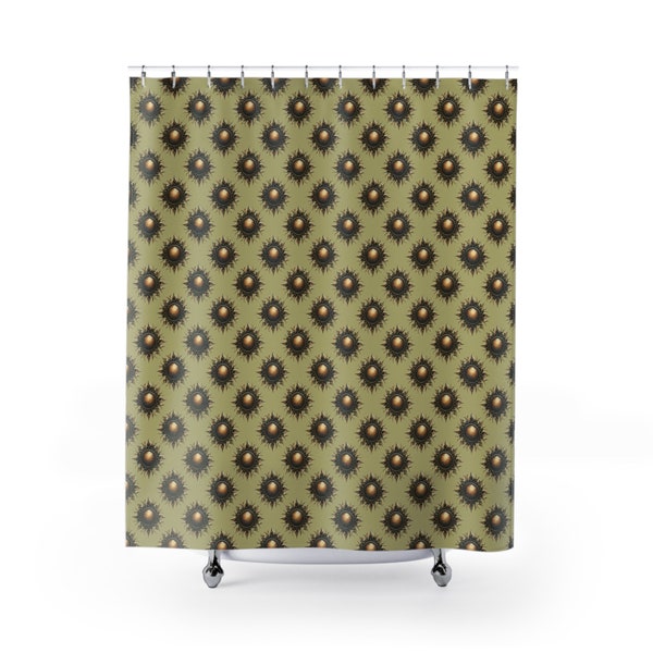 Sunny Radiance Cloth Shower Curtain. A unique pattern of golden brass suns are set against a subtle earth-toned muted green backdrop.