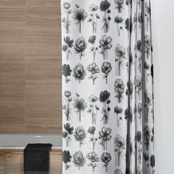 Sketched Flowers Cloth Shower Curtain. Chic, modern black-and-white floral shower curtain. A contemporary take on classic nature motifs.