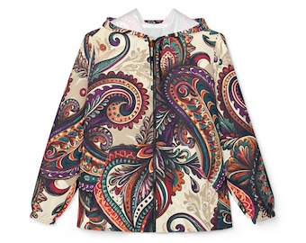 Retro Moderne Paisley Windjacke. Unisex. Dieser Windbreaker ist retro mit einer modernen Note, mit einem bunten, wirbelnden Paisley-Design.