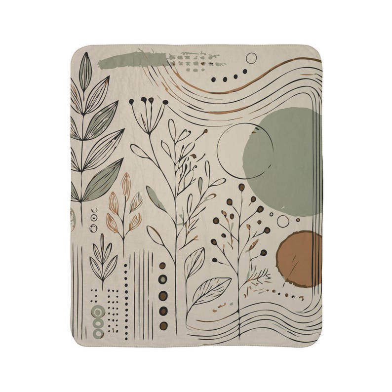 Minimalistic Boho Fleece Sherpa Blanket. Featuring sketched leaves and abstract shapes in sage green, terracotta, and cream. 2 sizes.