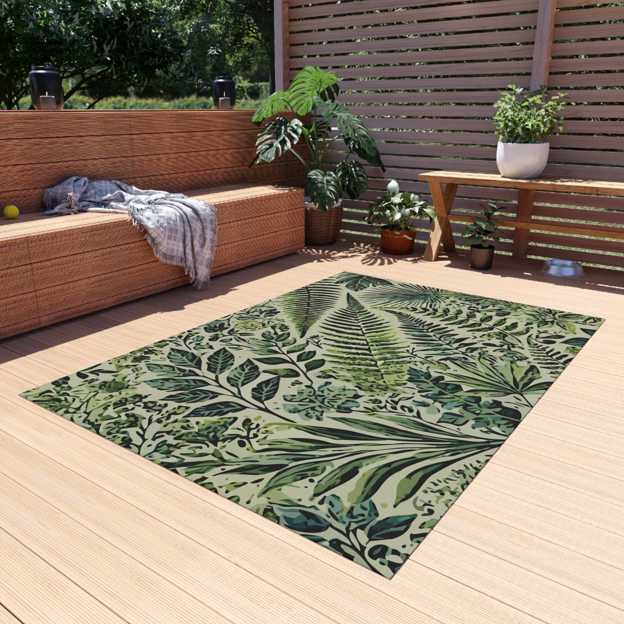 Green Botanical Outdoor Rug. Featuring Various Vibrant Green Leaves and ...