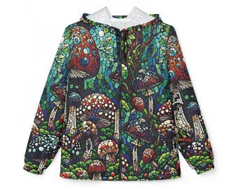 Mystische Pilzwald Windjacke Jacke. Unisex. Mit einem lebendigen, komplizierten Mosaikdesign von Pilzen in einem üppigen, mystischen Wald.
