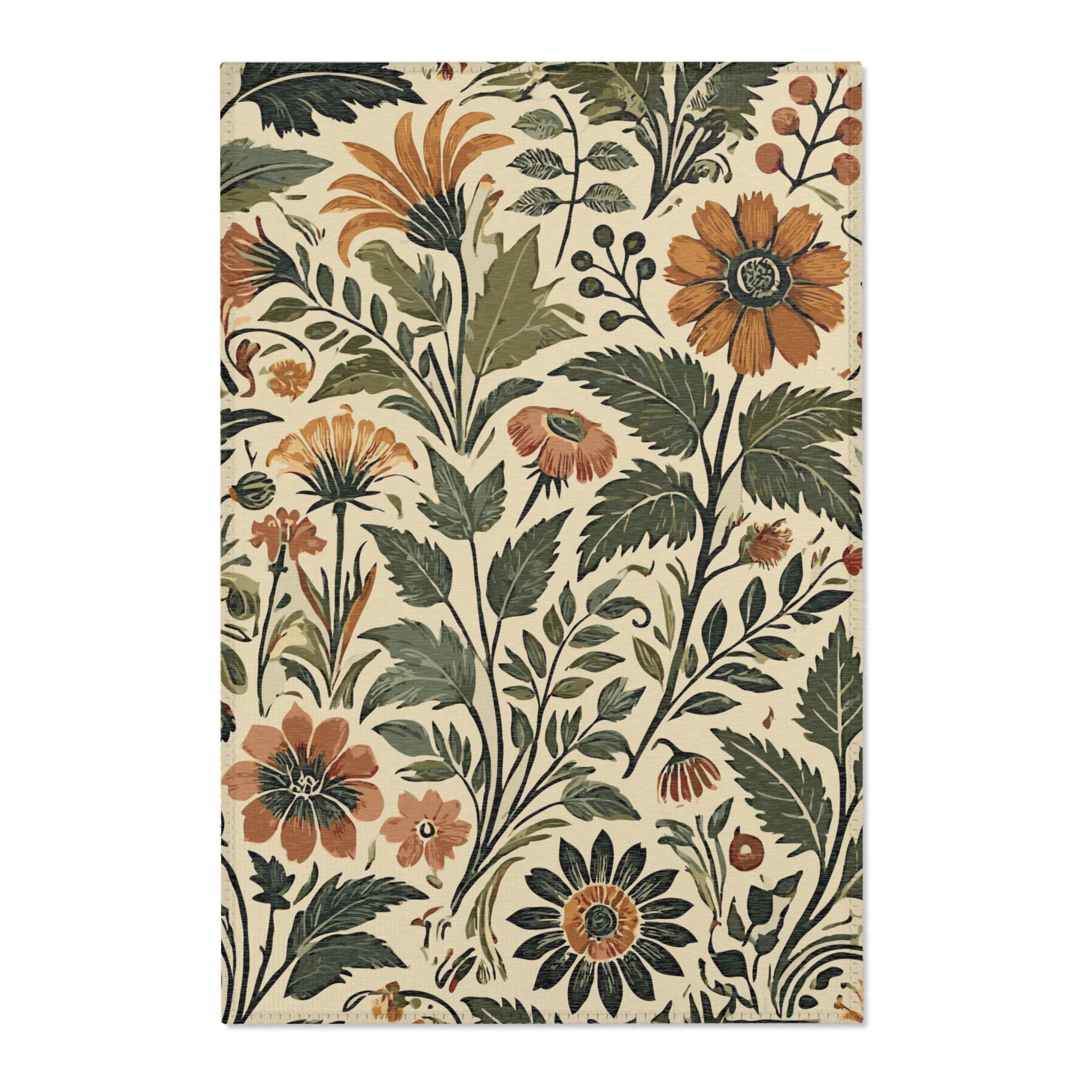 Vintage-Inspired Floral Area Rug. Featuring lush foliage and blooming flowers in earthy tones of green, brown, and muted oranges. 3 sizes.
