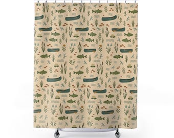 May include: A beige shower curtain with a repeating pattern of green canoes, fish, and reeds. The pattern is set against a light beige background.