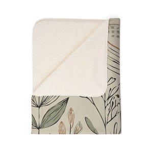 Minimalistic Boho Fleece Sherpa Blanket. Featuring sketched leaves and abstract shapes in sage green, terracotta, and cream. 2 sizes.
