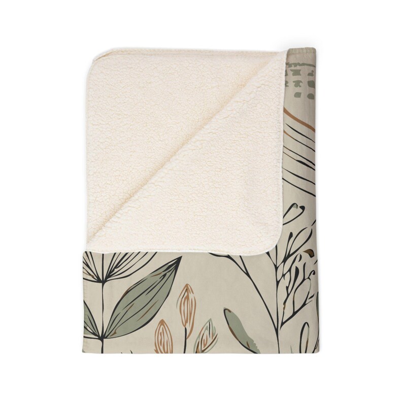 Minimalistic Boho Fleece Sherpa Blanket. Featuring sketched leaves and abstract shapes in sage green, terracotta, and cream. 2 sizes.