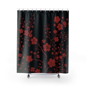 Red Cherry Blossoms on Black Cloth Shower Curtain. Featuring a minimalist Asian-inspired design of bold red cherry blossoms on black.