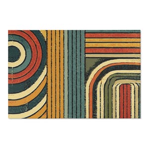 Worn Look Retro Area Rug. Featuring circles and stripes in an earthy color palette of deep orange, mustard yellow, olive green, and teal.