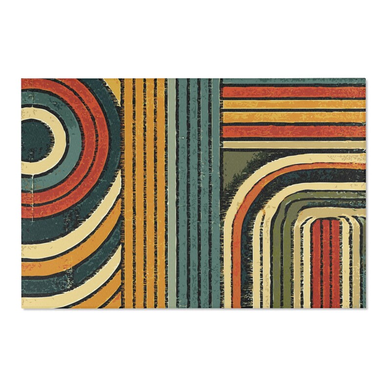 Worn Look Retro Area Rug. Featuring circles and stripes in an earthy color palette of deep orange, mustard yellow, olive green, and teal.