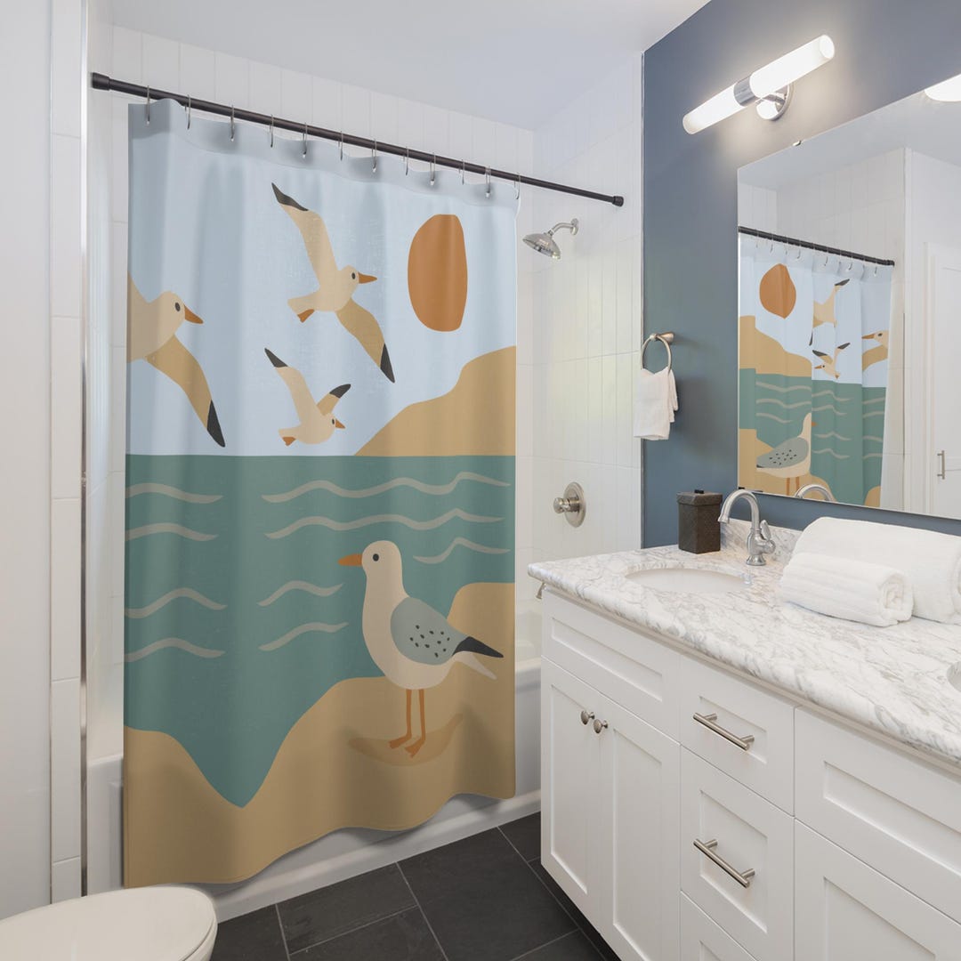 Rideau De Douche Imprimé Phare Et Mouettes - 175x180 Cm, 100% Polyester, Thème Océan