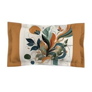 May include: A decorative cushion with a white background and a colourful abstract floral design. The design features teal, orange, and green leaves and swirls. The cushion has a brown border.