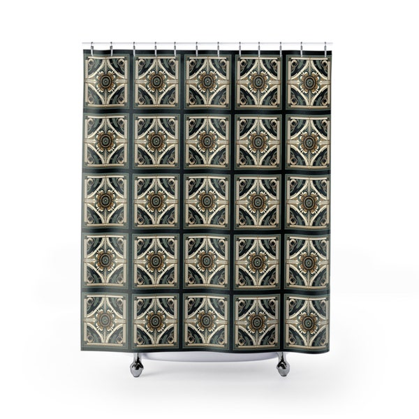 Mid-Century Modern Motif Shower Curtain. A bold design with green and gold geometric patterns reminiscent of mid-century modern art.