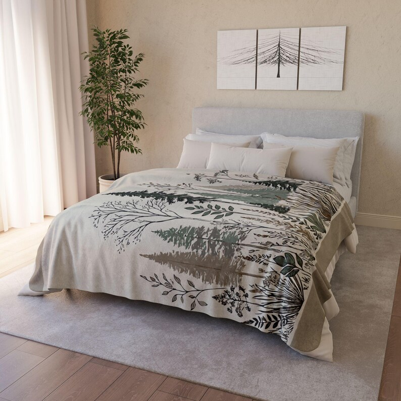 Rustic Woodland Fleece Sherpa Blanket. Featuring  sketched line art of pine trees, delicate ferns, and various woodland plants. 2 sizes.