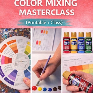 Könnte beinhalten: Bild zur Förderung eines Farb-Misch-Meisterkurses. Das Bild zeigt einen Farbkreis, Farbtuben und eine Hand, die einen Pinsel mit Farbe verwendet. Der Text enthält "COLOR MIXING MASTERCLASS" und "with Lisa MandaLisa".