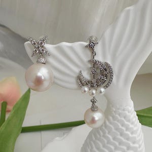 Star and Moon Freshwater Pearl Drop Earrings, Celestial Statement Jewelry, Dainty Gift for Her