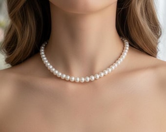 Süßwasser Perlenkette, 7-8 mm Halskette, Klassischer Perlenschmuck, Elegante Statement Kette, Brautschmuck, Geschenk für Sie