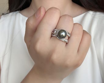 Anillo de perla verde tahitiana de agua de mar, elegante joya de declaración, diseño de perla redonda natural, accesorio de estilo moderno y lujoso, regalo para ella