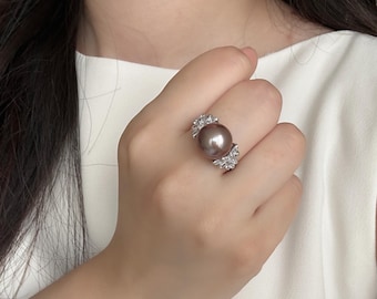 Anillo de perla Edison de agua dulce color púrpura natural, elegante joya de declaración, diseño moderno y lujoso de perlas, accesorio único hecho a mano, regalo para ella