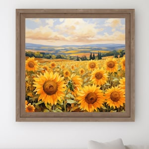 Sunflower Symphony - Vibrant Sunflower Field Digital Artwork, Impressionist Style Floral Oil Painting Canvas Print