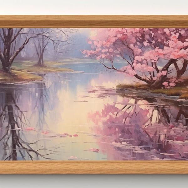 Blossom Reflections - Romantische Kirschblüten-Landschaft Digitale Kunst, impressionistische Wasserreflexion, Ölgemäldedruck