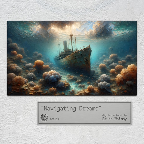 Navigating Dreams - Maritime Adventure Shipwreck Digital Art, Underwater Fantasy Oil Painting Print